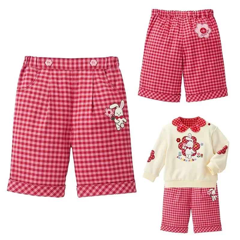 

Girls Pants Cartoon Rich Rabbit Flower Embroidery Plaid Slacks Cropped Pants Spring and Autumn