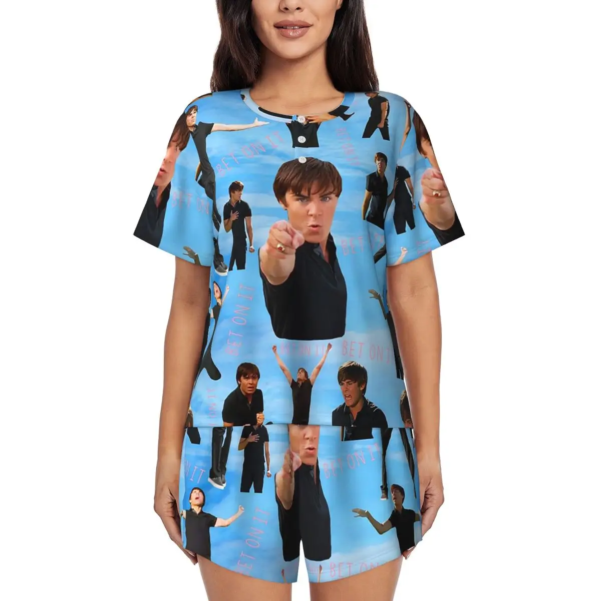 

Ночная рубашка с круглым вырезом и короткими рукавами Zac Efron Troy Bolton Bet On It High School для сна, женский пижамный комплект с короткими штанами