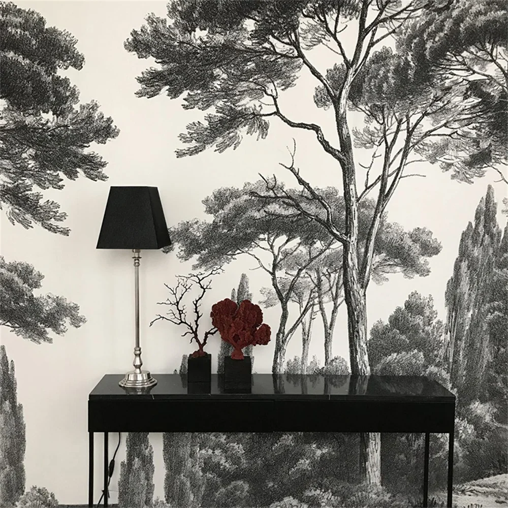 Customized mural 3D black and white tree wallpapers modern retro nostalgic forest sofa background wall decoration painting mural