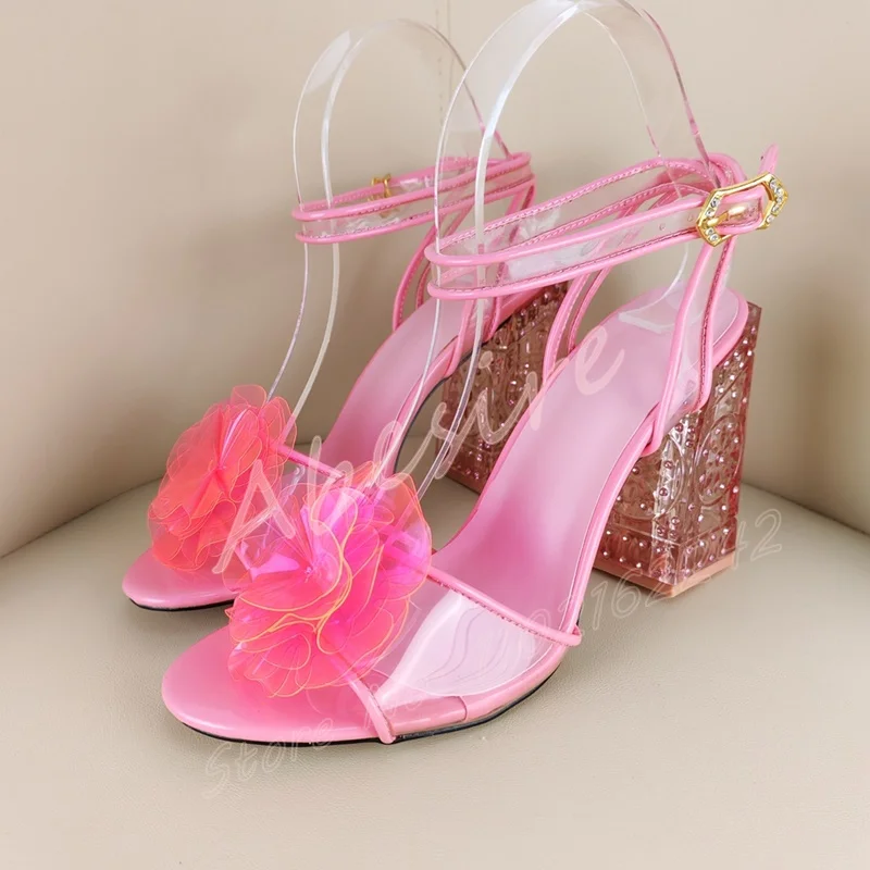

Pink Flower Clear Pvc Sandals Round Toe Crystal Chunky Heel Buckle Strap Evening Shoes Fashion Luxury Party Designer High Heels