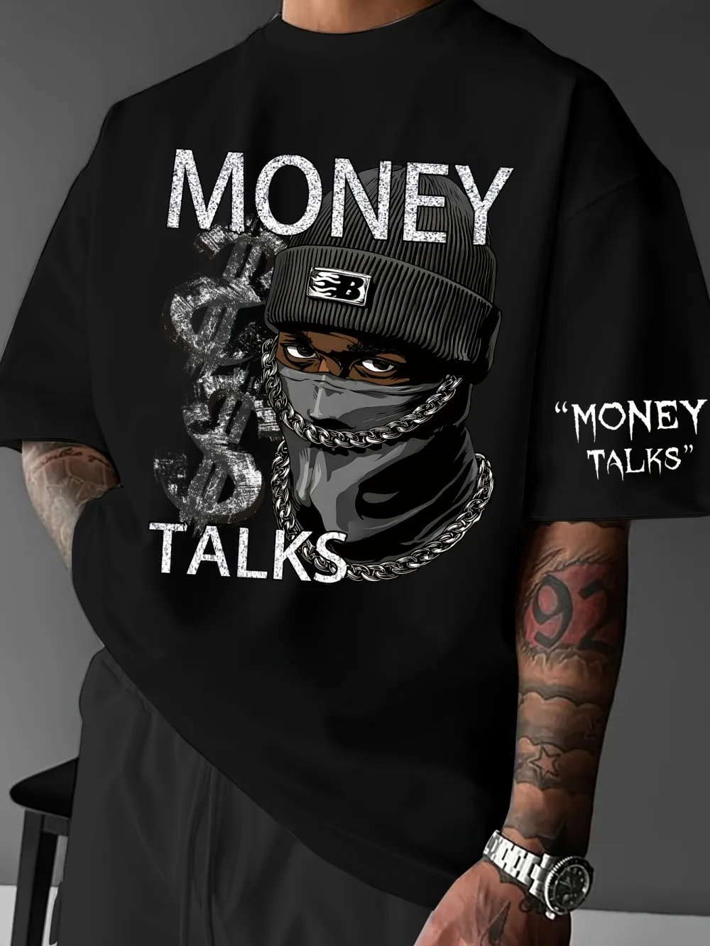 Fashionable American men's summer figure wealth letter print micro elastic breathable round neck T-shirt outdoor street style to