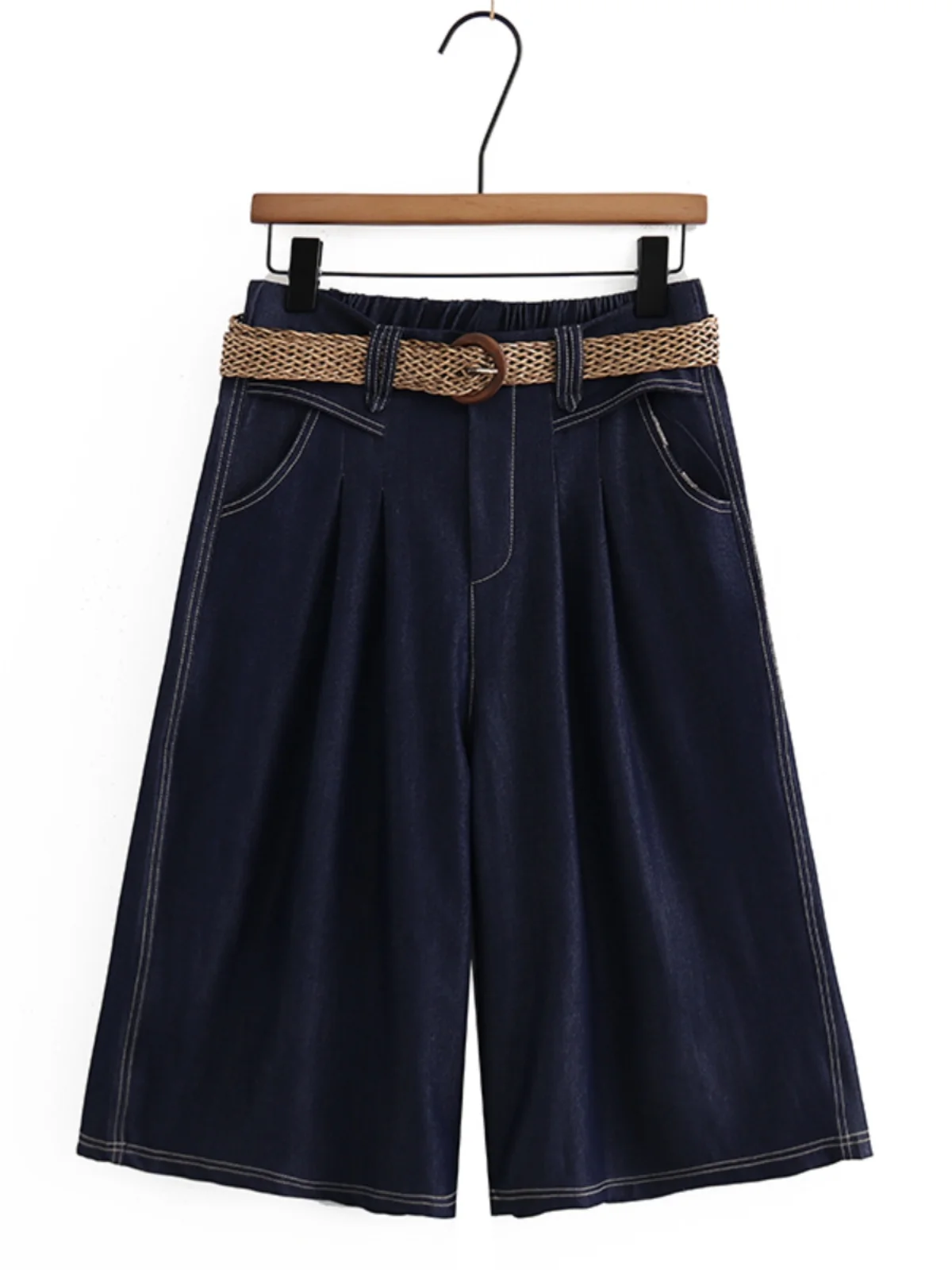 

Summer New Women's Casual Straight Leg Jeans plus Size Waist Belt Wide Leg Seven-Foot Pants High Waist Washed Denim