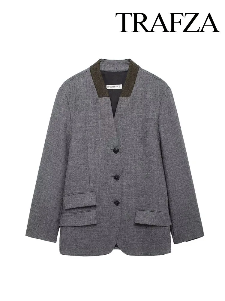 

TRAFZA Women's Autumn Casual Coats Office Lady Dark Gray V-Neck Long Sleeves Pockets Single Breasted Female Fashion Blazers