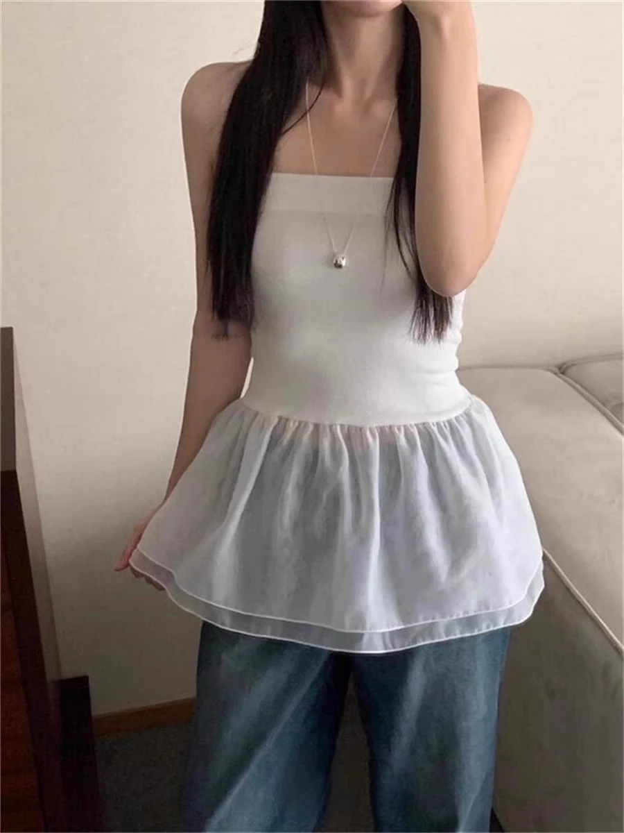 Y2k cute Women Sleeveless Tank Top Street Simple Sweet Personality Double-layer Skirt Splicing Slimming Strapless Base Vest Top