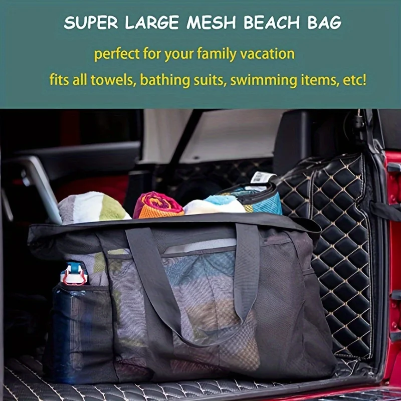 Extra Large Beach Bag - Lightweight, waterproof, foldable, with mesh straps, zippered pockets and fixed shoulder straps