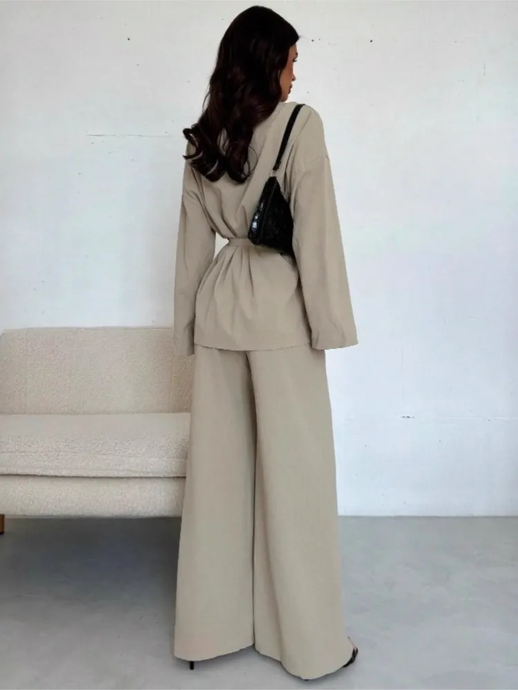 Fashion Women's Pants Suit Solid Drawstring Long Sleeve Blouse Elastic Waist Wide Leg Pants Two Piece Set Commuting Streetwear