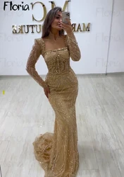 Luxury 2024 Champagne Beading Party Dress Arabic Long Sleeve Square Neck Mermaid Formal Evening Prom Dresses  Robe Soirée