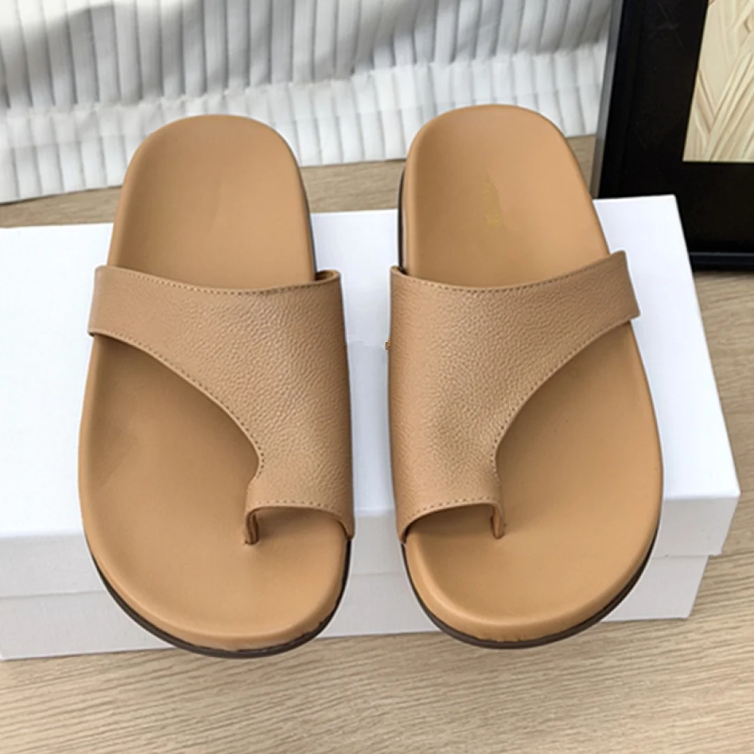 Maxdutti Minimalist Summer Slippers Woman Shoes Fashion Elegant Beige Color Genuine Leather Shoes For Woman Women's Sandals