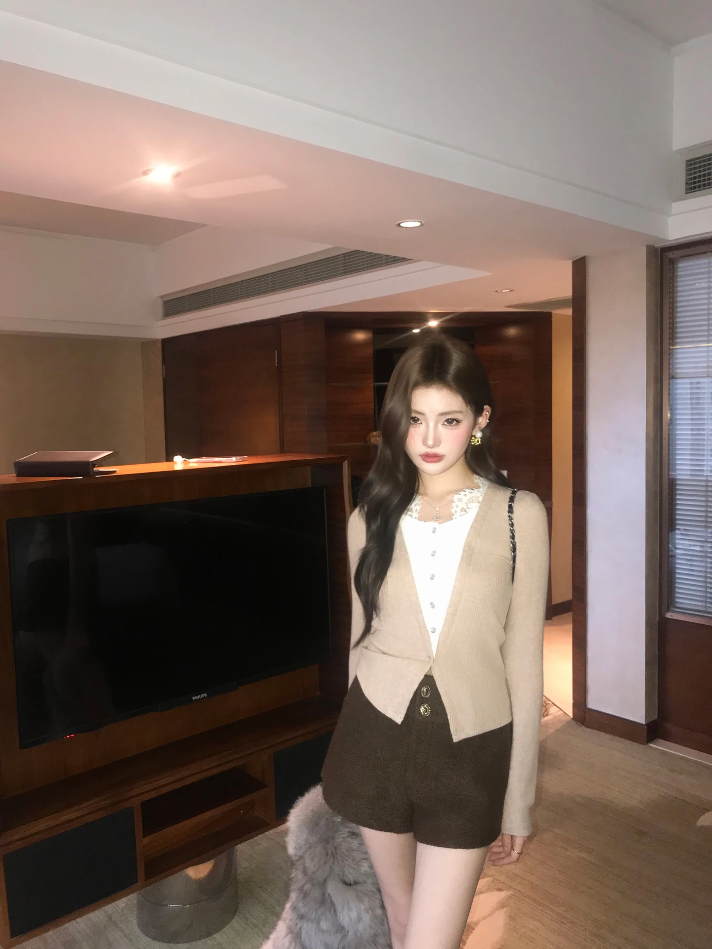 

Slim Fit Lace Knitwear Women's Base Layer Top Autumn Faion Design Sensation Two Piece Look V Ne Long Sve T-irt