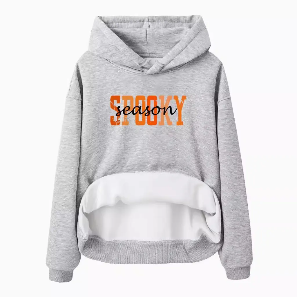 المرأة الكنغر جيب مقنعين طويلة الأكمام مبطنة بالصوف البلوز الخريف الشتاء الأوروبي حجم SPOOKY طباعة الأعلى للسيدات