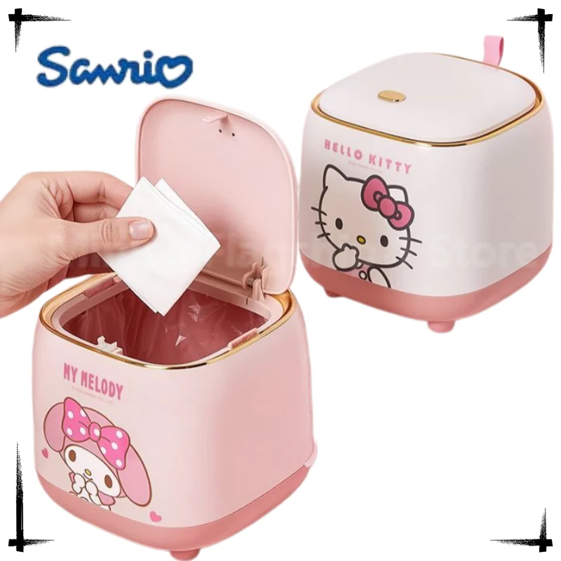 Sanrio Mini-Mülleimer Kawaii Hello Kitty Kuromi Cinnamoroll Melody Cartoon Haushalts-Abfalleimer für Zimmer, Schlafzimmer und Schreibtisch