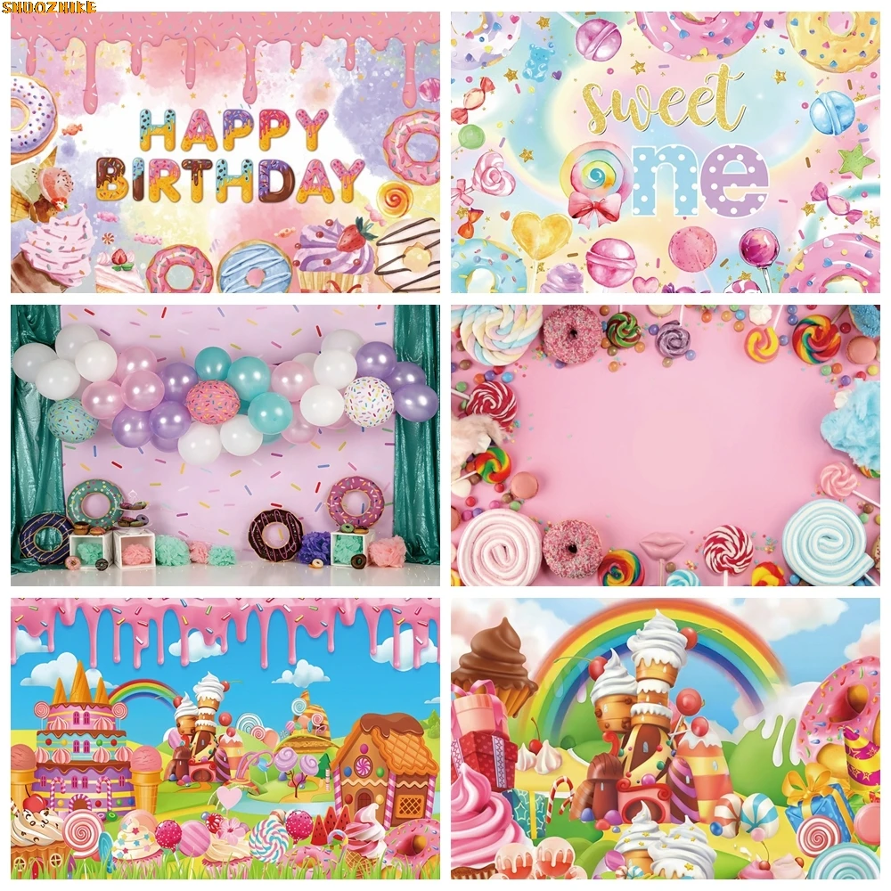 

Candy Bar Shop Backdrop Sweet Ice Cream Car Donut Cupcake Lollipop Balloon Baby Birthday Party Cake Smash Photography Background