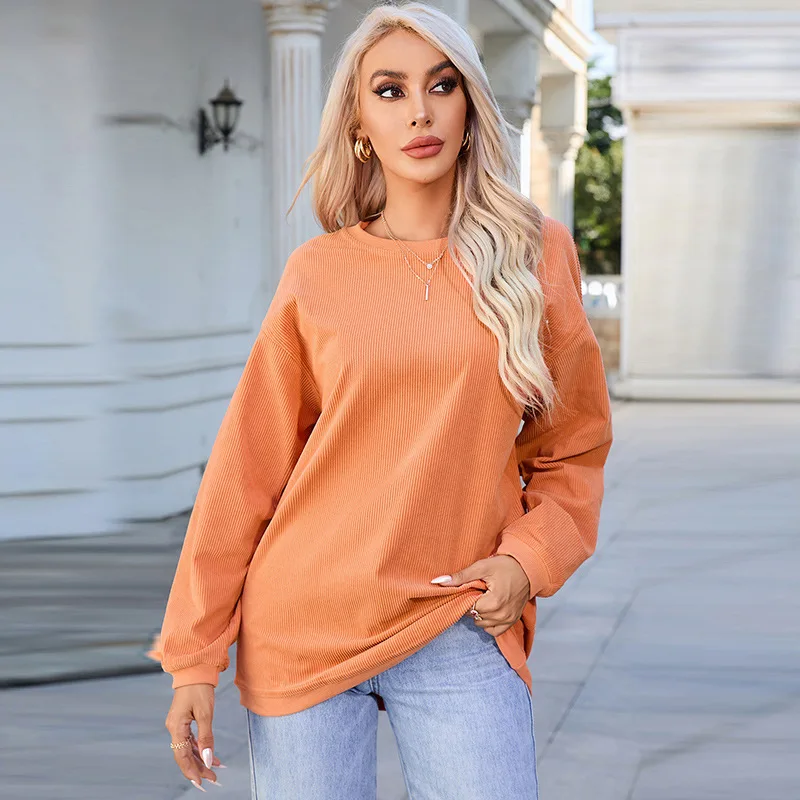 

Letter Printing Simple No-Hat Pullover Round Neck Hoodie Women Solid Color Long Sleeve Undershirt Woman