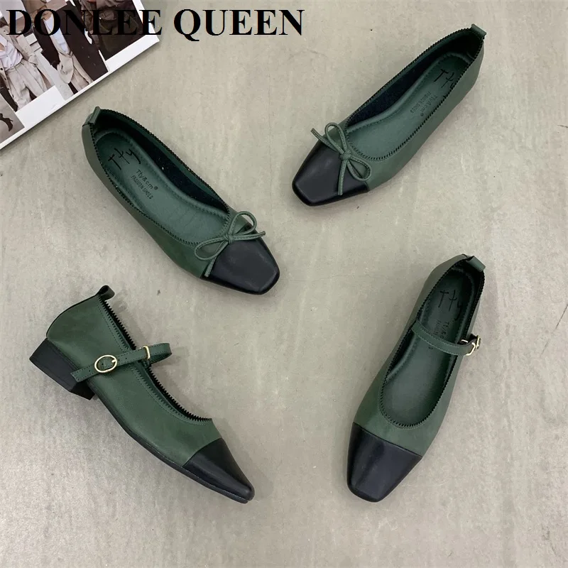 Shallow Bottoms Flats Women Shoes 2022 Autumn Elegant Design Bow Knot Square Toe Ballerina Brand Color Matching Female Mary Jane