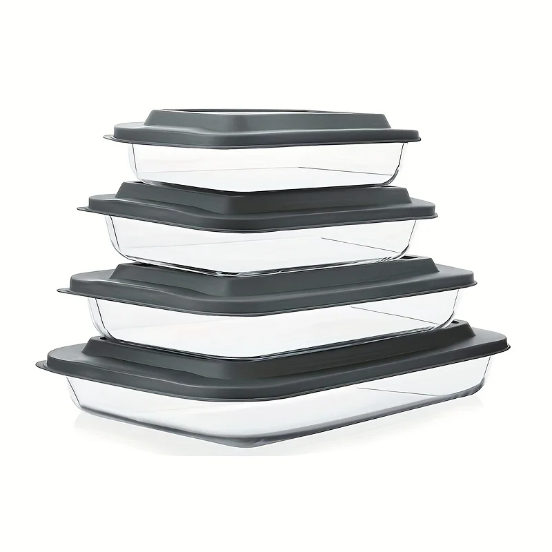 

4-Piece Glass Baking Tray Set with Secure-Fit Lids – Oven-Safe, Microwave-Safe, Freezer-Safe Rectangular Bakeware for Pastries, Casseroles, Noodles & More – Leak-Resistant Design, Even Heating, Stackable Storage