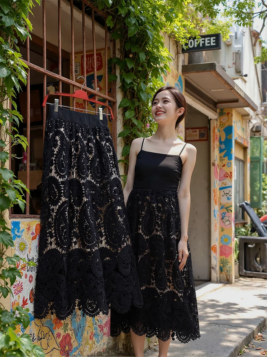 

Midi Lace Vintage Skirts Womens Double Layered Patchwork High Flare Unique Feminina Artistic Summer Lightweight Chic Cotton