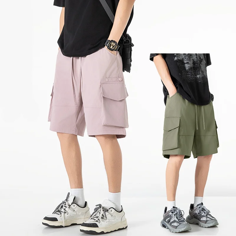 

Черные шорты для спецодежды, мужские летние американские брюки пять четвертей, свободные молодежные повседневные брюки, свободный шнурок, эластичная талия с мульт.