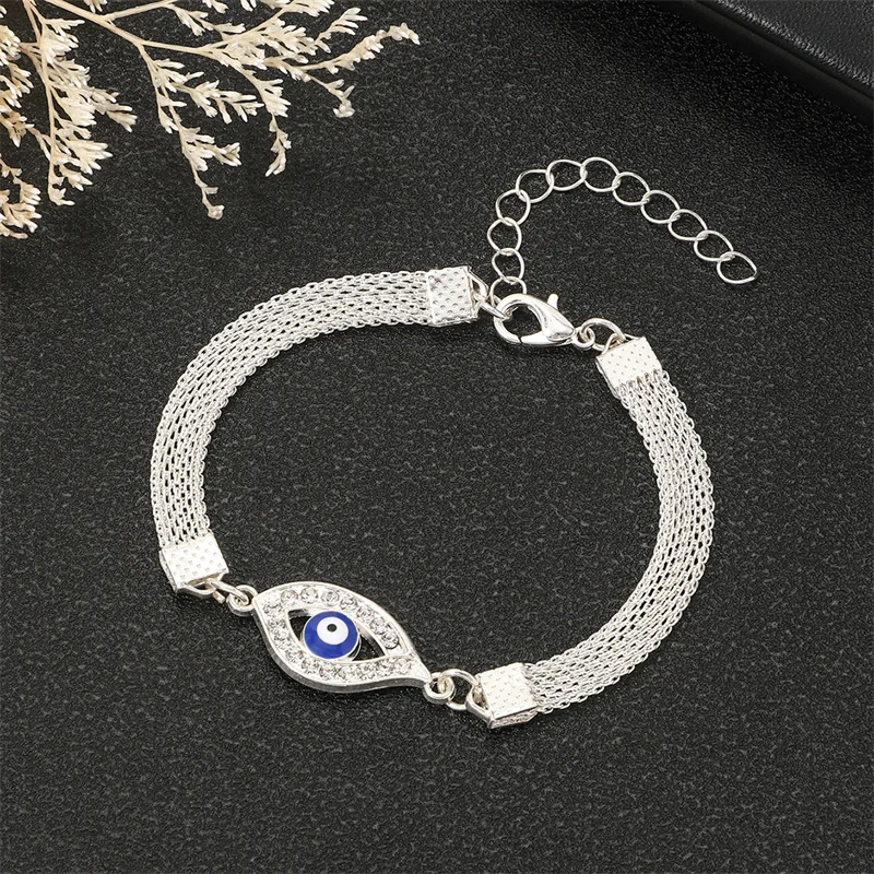 Vintage Turkish Blue Evil Eye Bracelets For Women Men Shiny Crystal Zircon Demon Eye Metal Chain Bangle Good Luck Wealth Jewelry