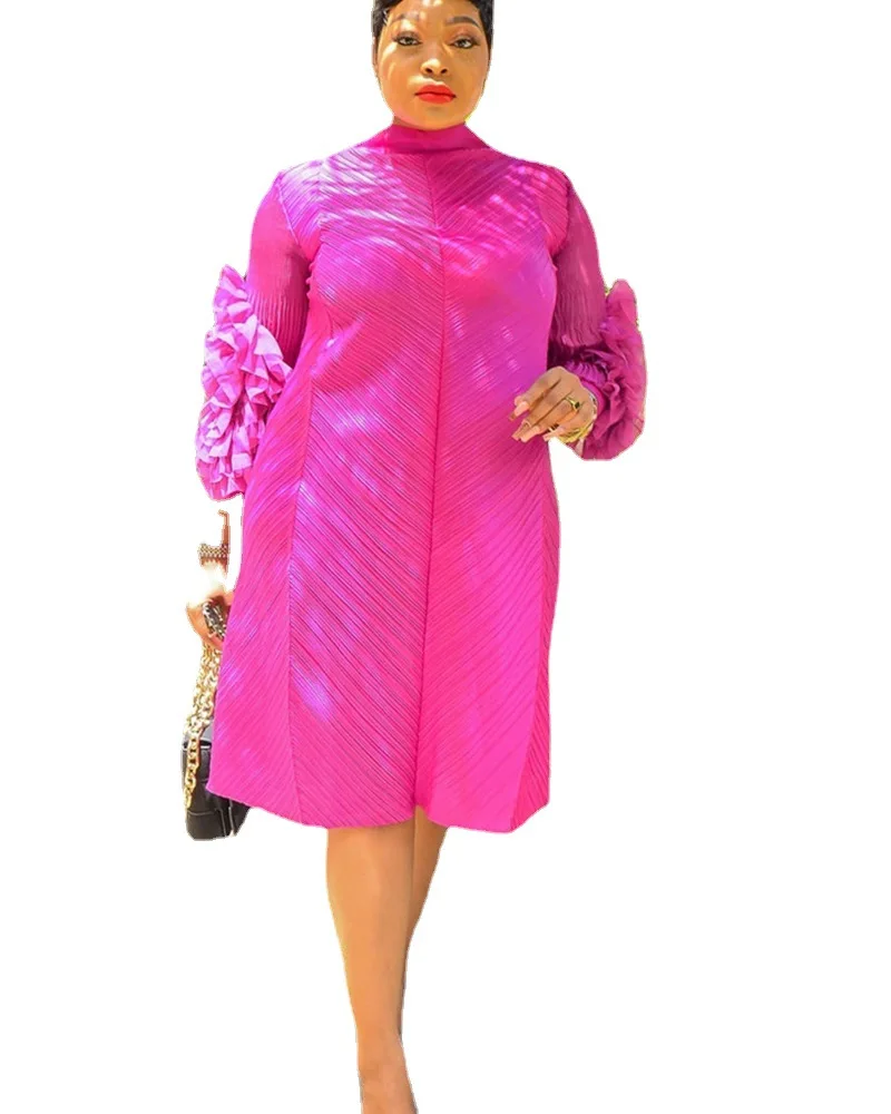 

2022 Spring Autumn African Women Long Sleeve O-neck Polyester Solid Color Knee-length Dress L-5XL African Clothes Without Belt