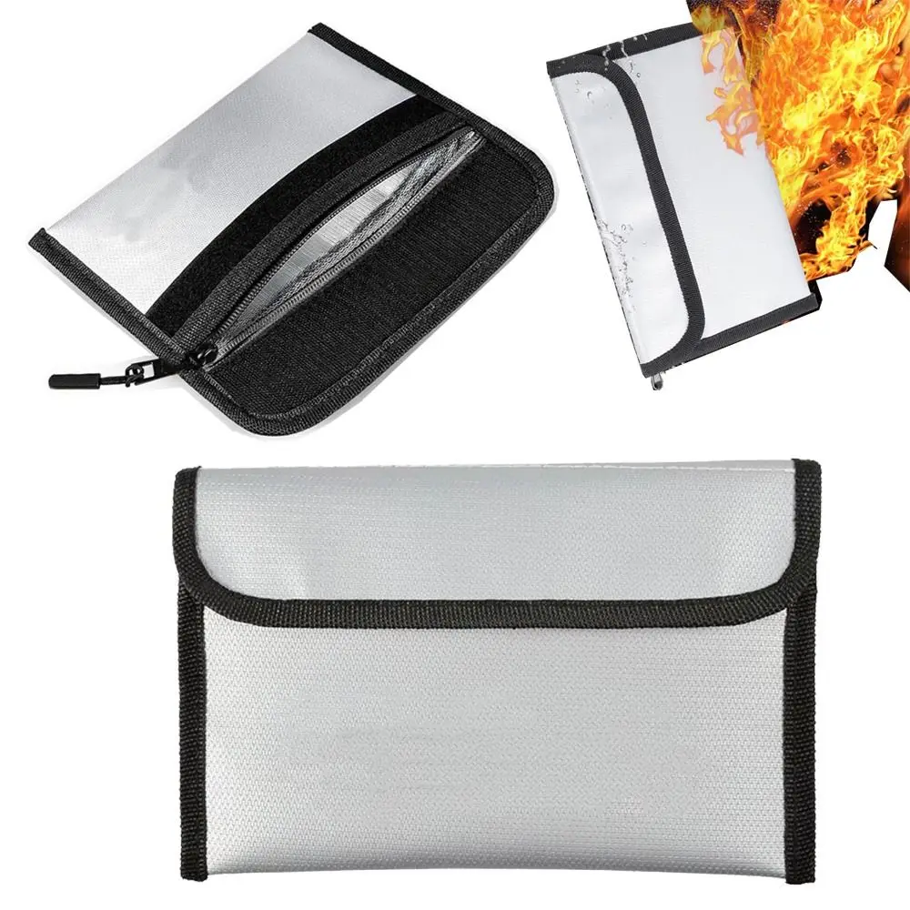 Zipper Closure Fireproof Document Bag Portable with Sticky Strip Cash Safe Storage Pouch Waterproof Multi-Functional