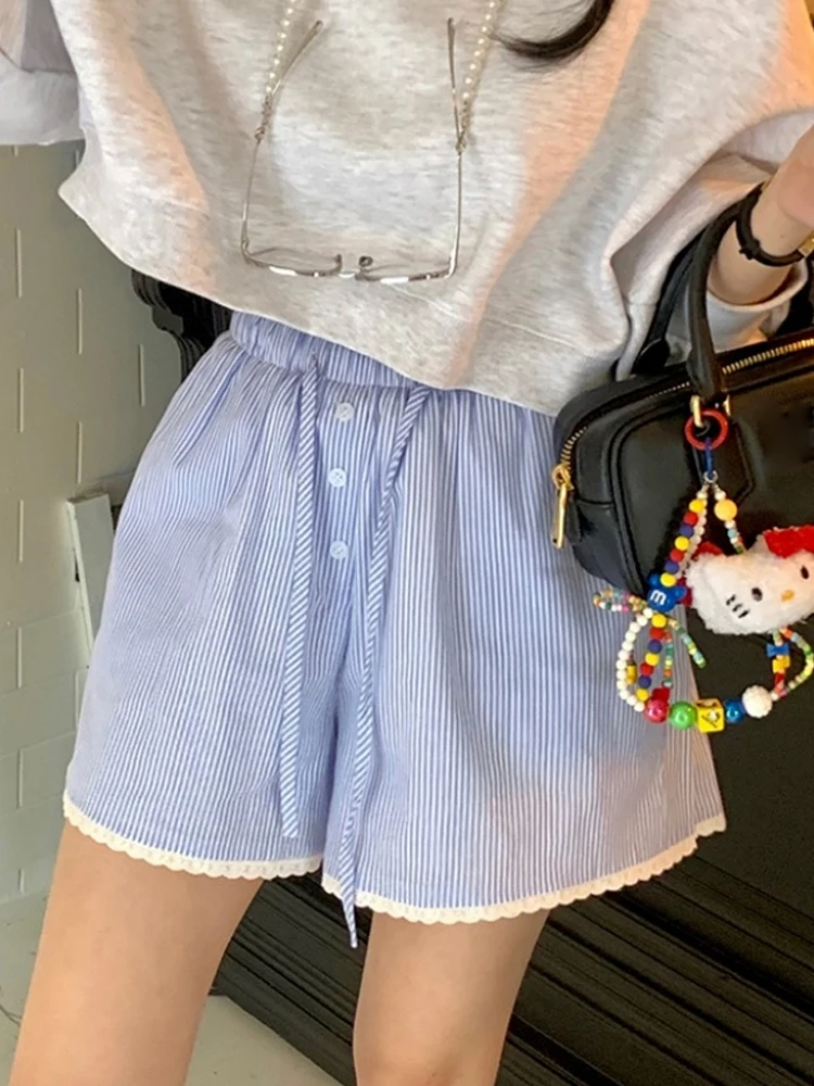 

Summer Casual Women's ort Pants Chic Faion Stripe Lace Trim Dstring Slimming Trousers High Waist Wide Leg Commute Sle