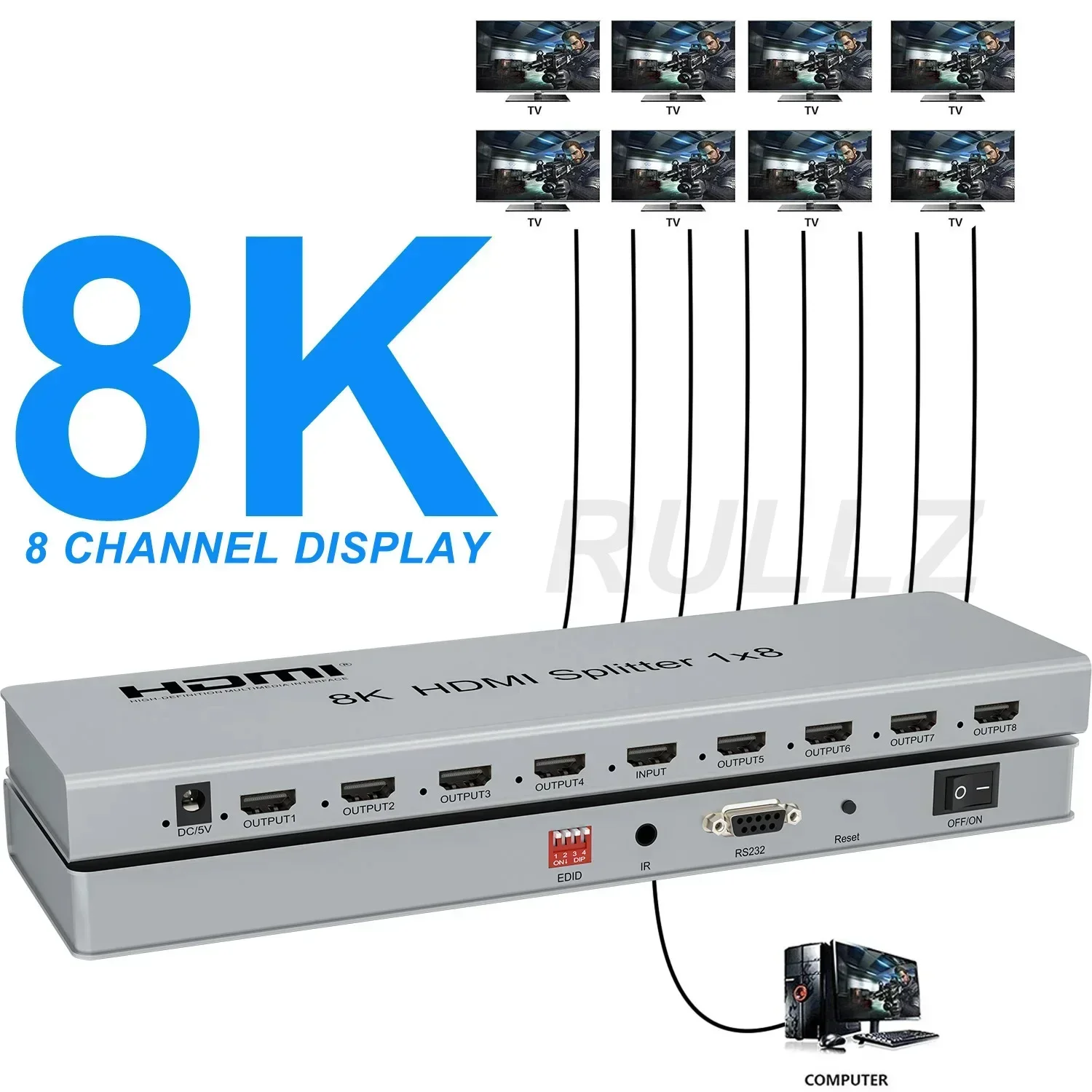 8K HDMI Splitter 1 in 8 Out 4K 60Hz HDMI Splitter 1x8 Audio Video Distributor Converter for PS4 Camera Laptop PC To TV Monitor