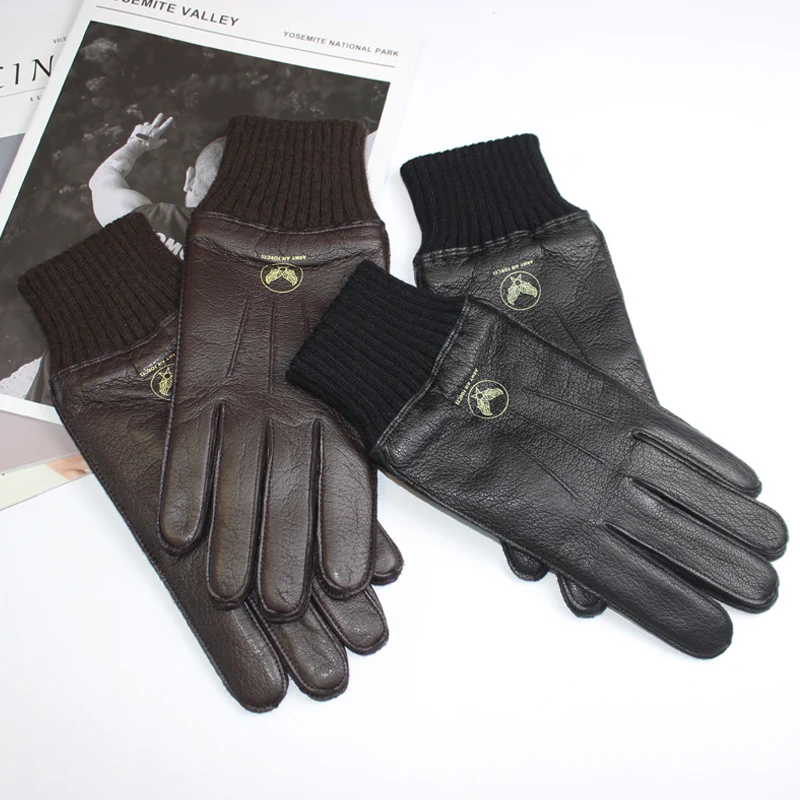 Men's Deerskin Gloves High Quality Genuine Leather Fleece Knit Lining Warm Striped Aviation Pilot Driving Gloves Autumn Winter