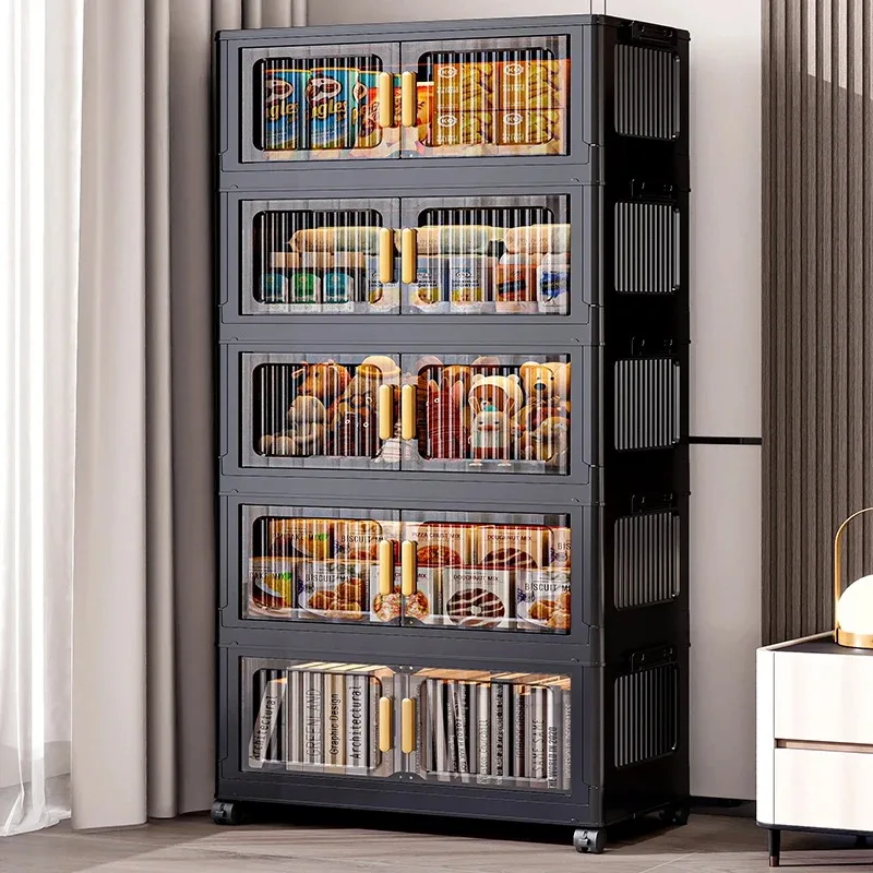 Foldable Clear Double-Door Storage Cabinet Large Space-Saving Mobile Organizer Dustproof Moisture-Proof for Kitchen Living Room