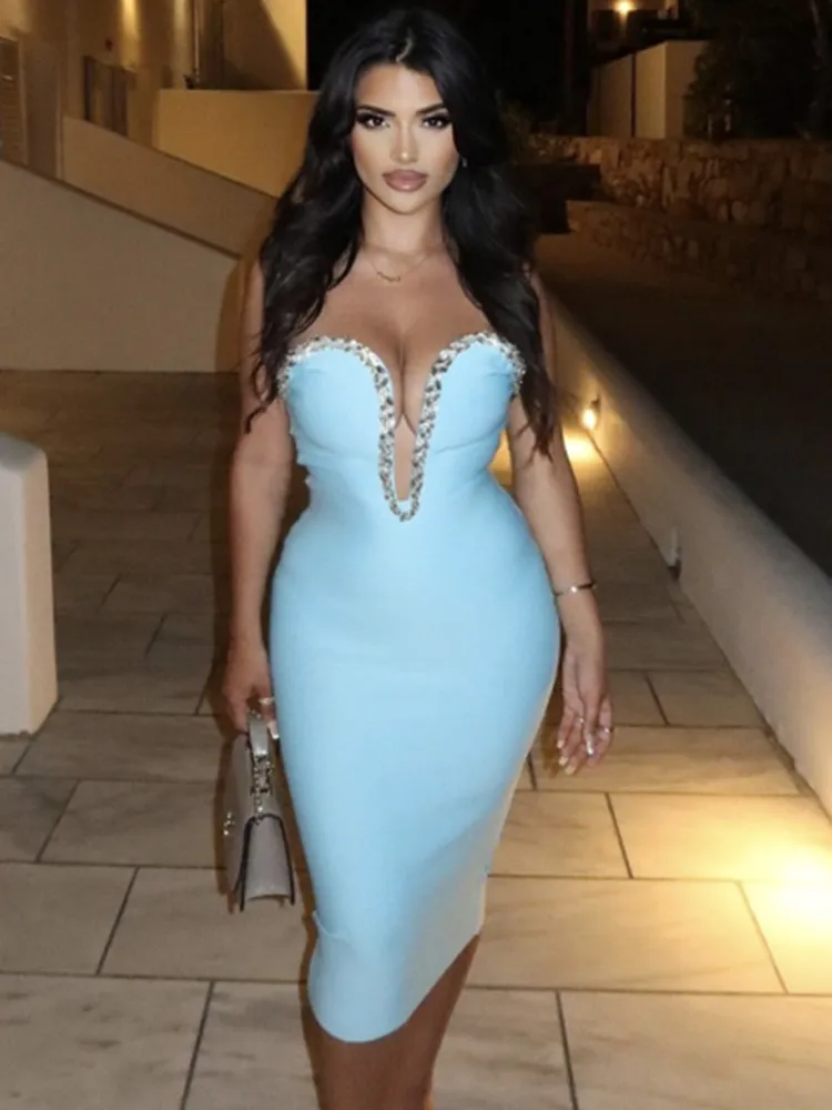 

2023 New Fashion Skyblue Women Sexy Off the Shoulder Shinning Crystal Bodycon Midi Bandage Dress Birthday Party Celebrate Dress