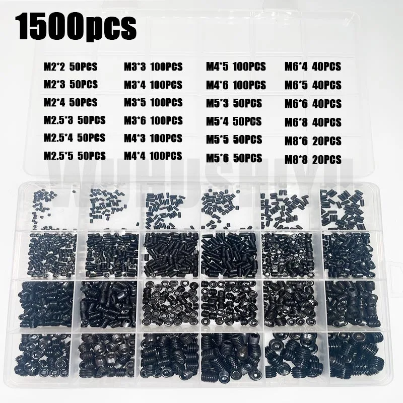500/1500 M2 M2,5 M3 M4 M5 M6 M8 DIN913 304 Edelstahl Schwarz Sechskant Innensechskant Inbus Flachspitz Madenschraube Stellschraube Kit Box – Detail 4