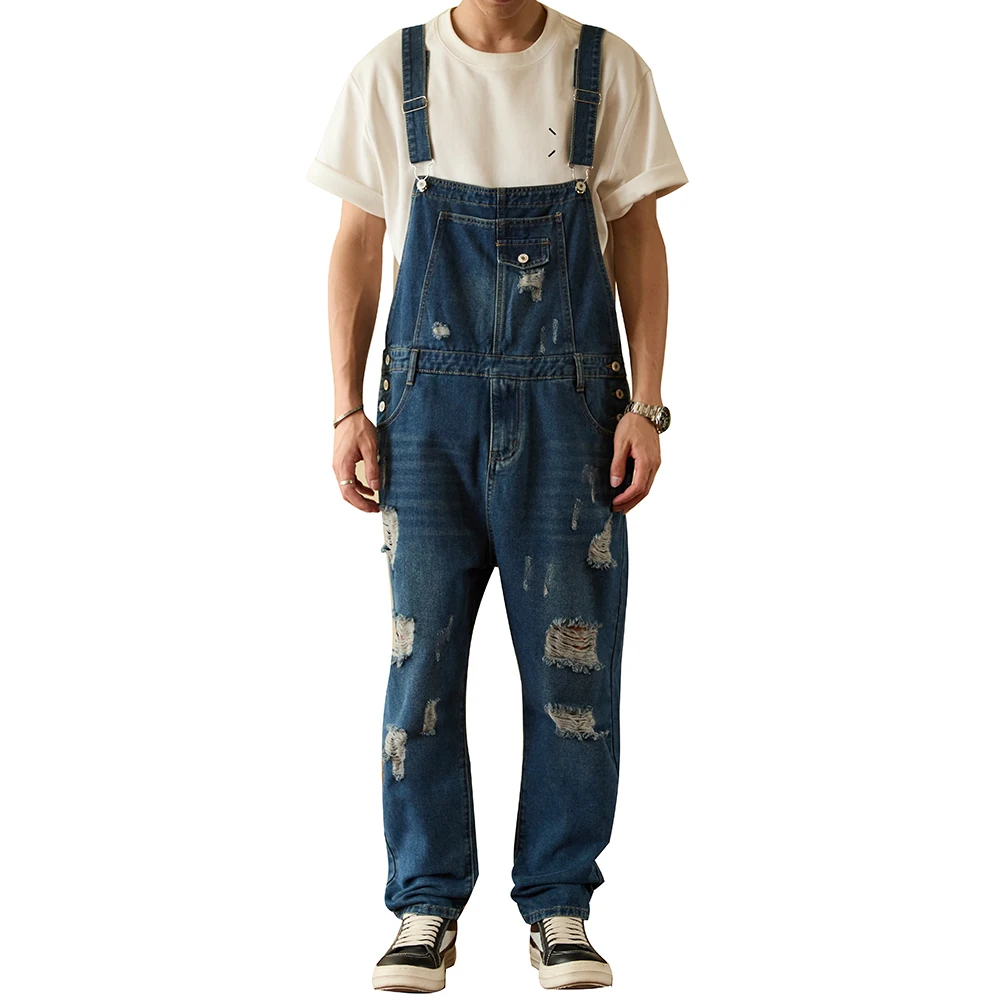 الرجال ممزق الدينيم مريلة وزرة ثقوب عادية المتعثرة الأزرق دنغري جيوب البضائع الجينز ملابس العمل المآزر