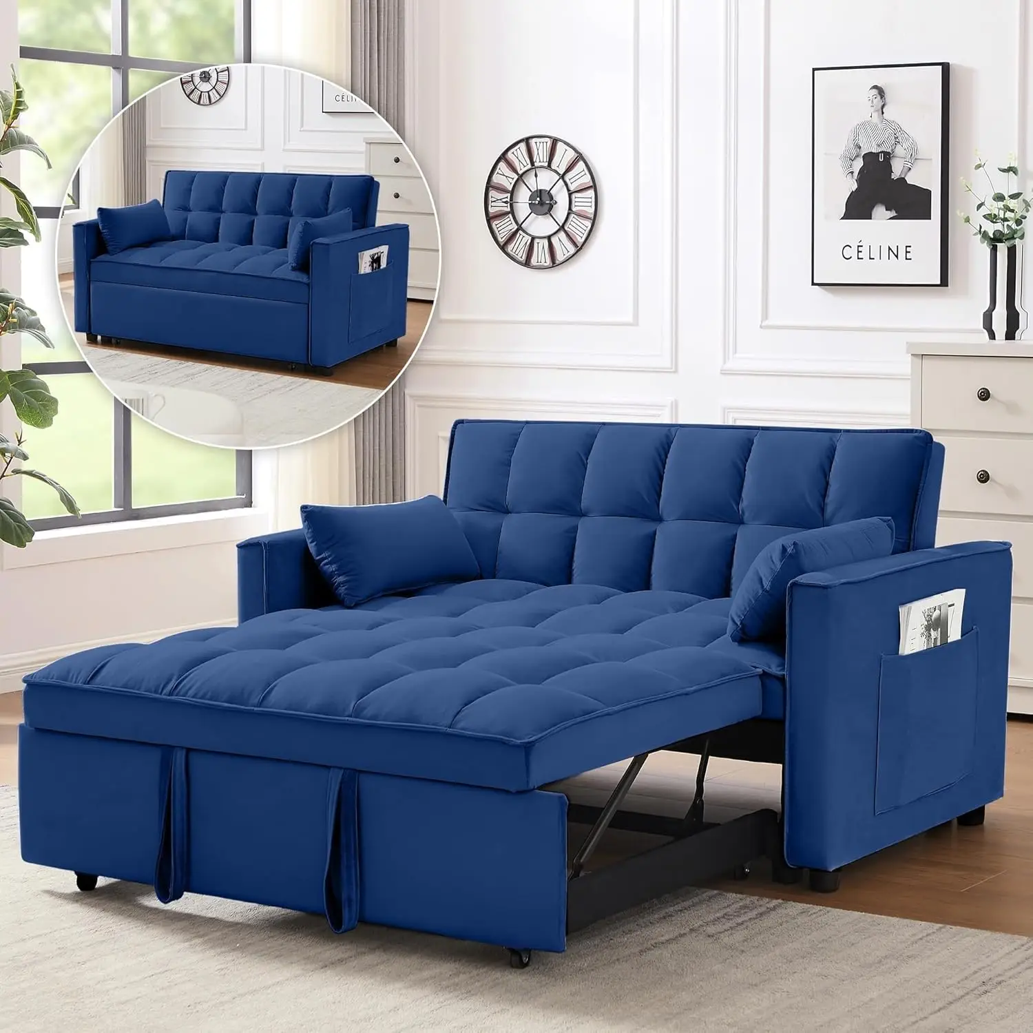 Sleeper Sofa Bed,55'' Convertible Pull Out Couch with Side Pockets,Velvet Fabric Loveseat Sleeper Sofa with Adjustable Backrest