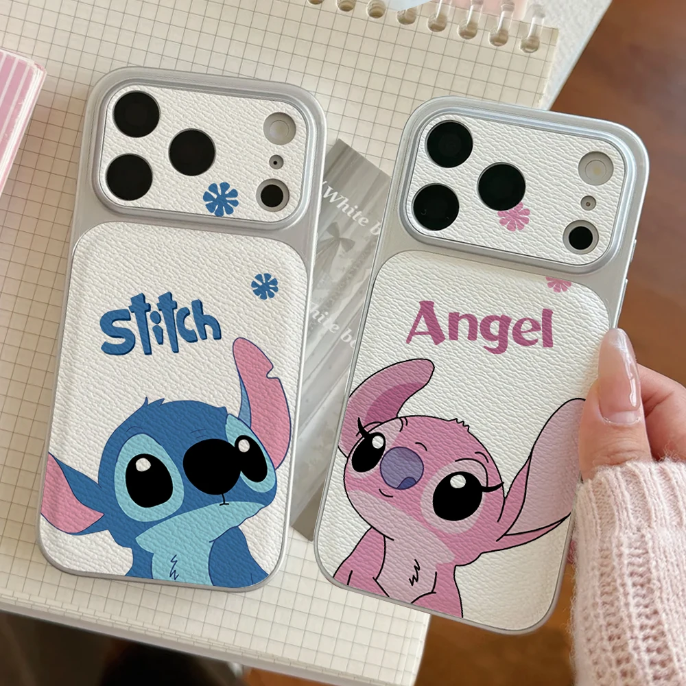 

Disney Lilo Stitch Couples Phone Case For IPhone 17 16 15 14 Electroplated Leather Shockproof Phone Accessories 13 12 11 Casing