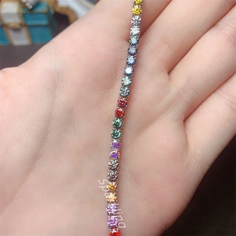 925 Sterling Silver moissanite Bracelet Glitter Colorful moissanite through Diamond Instrument Detect Women's Bracelet Hip Hop