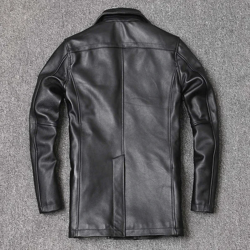 Genuine Leather Jacket Men's Top Layer Cowhide Jacket Mid-Length Men's Lapel Windbreaker Slim-Fit Jacket Double-Breasted