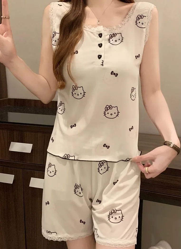 

Женский пижамный комплект Hello Kitty весна-лето — охлаждающий топ и шорты со встроенным бюстгальтером в рубчик, удобная одежда для дома из бамбука