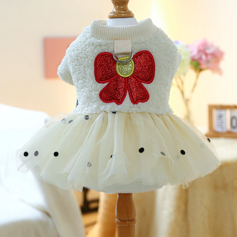 Dog Winter Princess Dress Bow Embroidery Mesh Patchwork Warm Puppy Dresses Fashion Pet Clothes for Cat Kittens