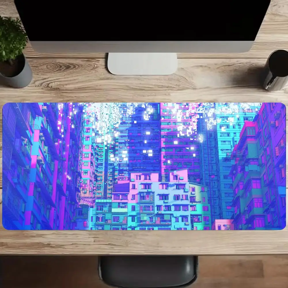 Neon Glitch City Love Death Robots Mouse Pads Xxl Office Mat Gaming Mousepad Square Mouse Pad Computer for PC Desktop Table Mats