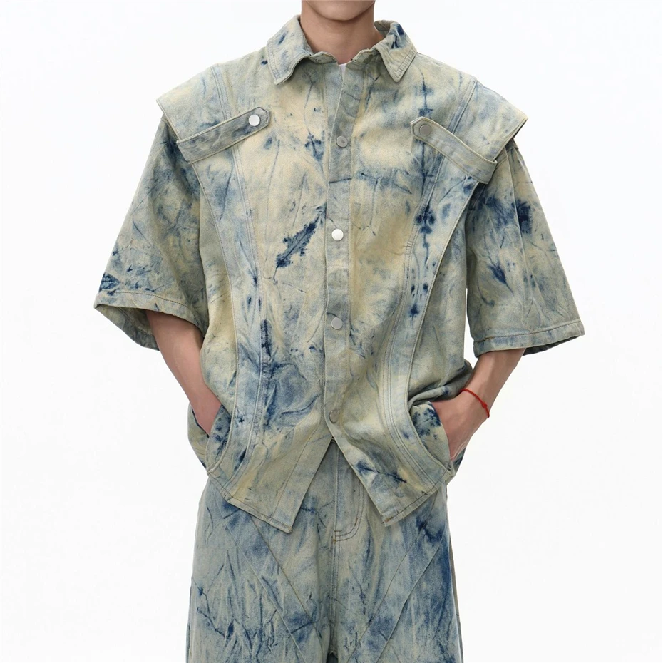 

Джинсовые комплекты Tie Dye, уличная одежда, джинсовые рубашки в стиле хип-хоп, мужские рубашки большого размера в стиле Харадзюку, винтажные мешковатые джинсовые шорты, мужская блузка