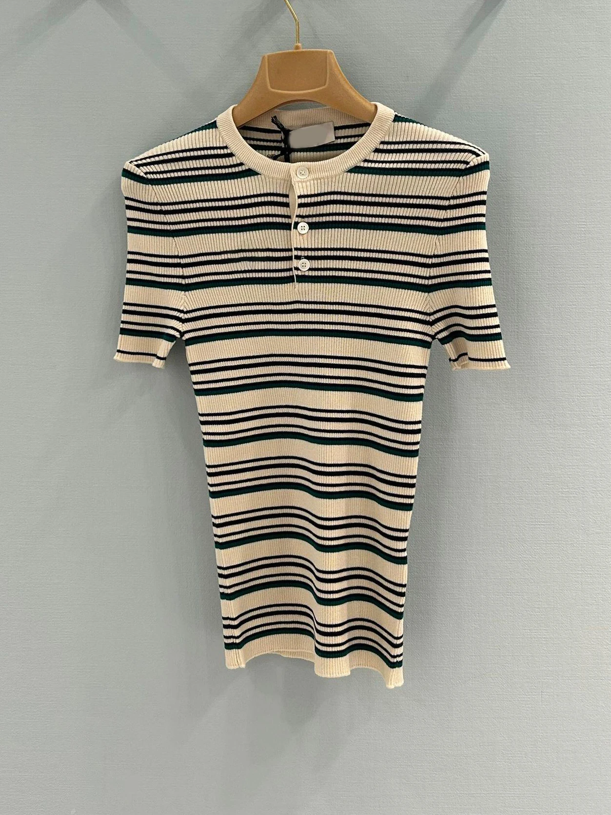 

Korean Striped Knitted Short Sleeve T-Shirt Women's Slim Fit Unique Beautiful Summer New Style City Walk Casual round Neck Top