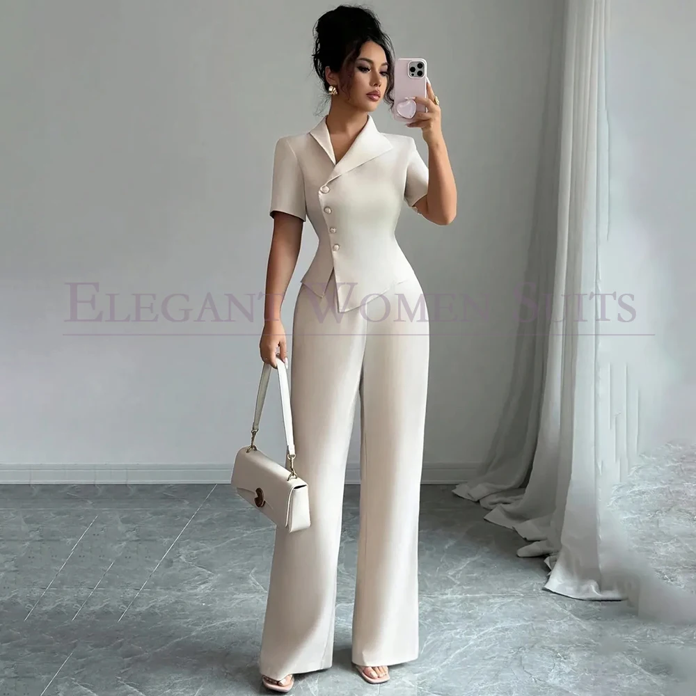 

Summer Short Sleeve Women's Suits Casual Chic Slim Fit Blazer Bespoke 2 Piece Jacket Pants Outfits Elegant Female Clothing