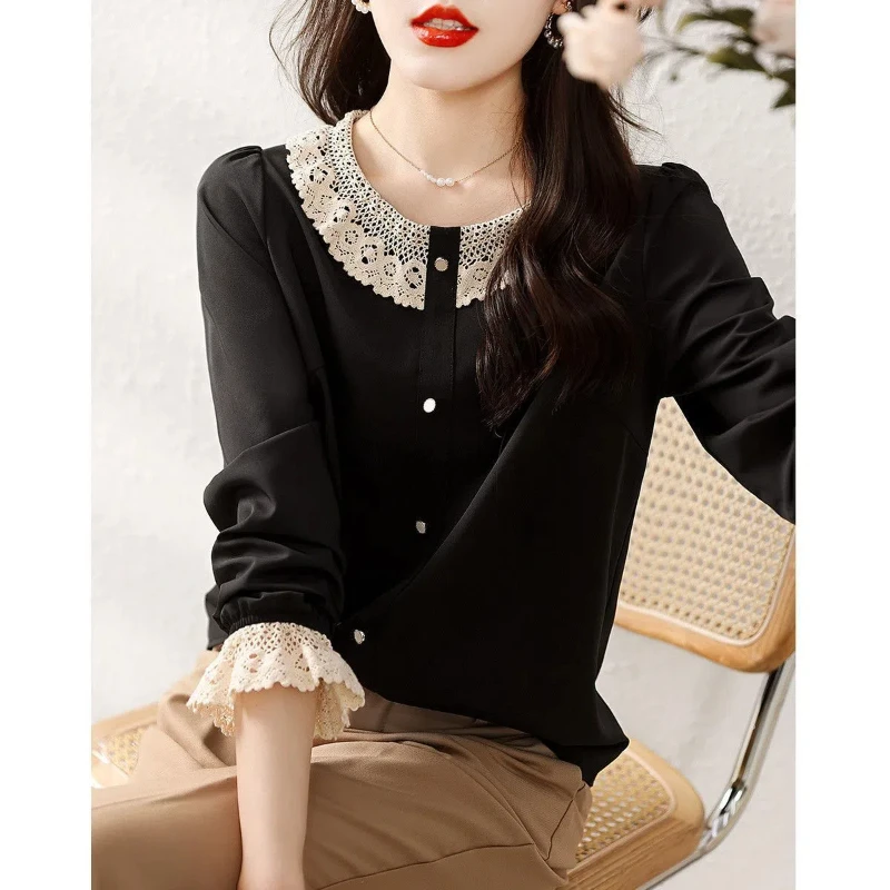 Peter Pan Collar Lace Patchwork Solid Button Women\'s Pullover Long Sleeve Chiffon T-shirt Loose Elegant Spring Autumn Tops