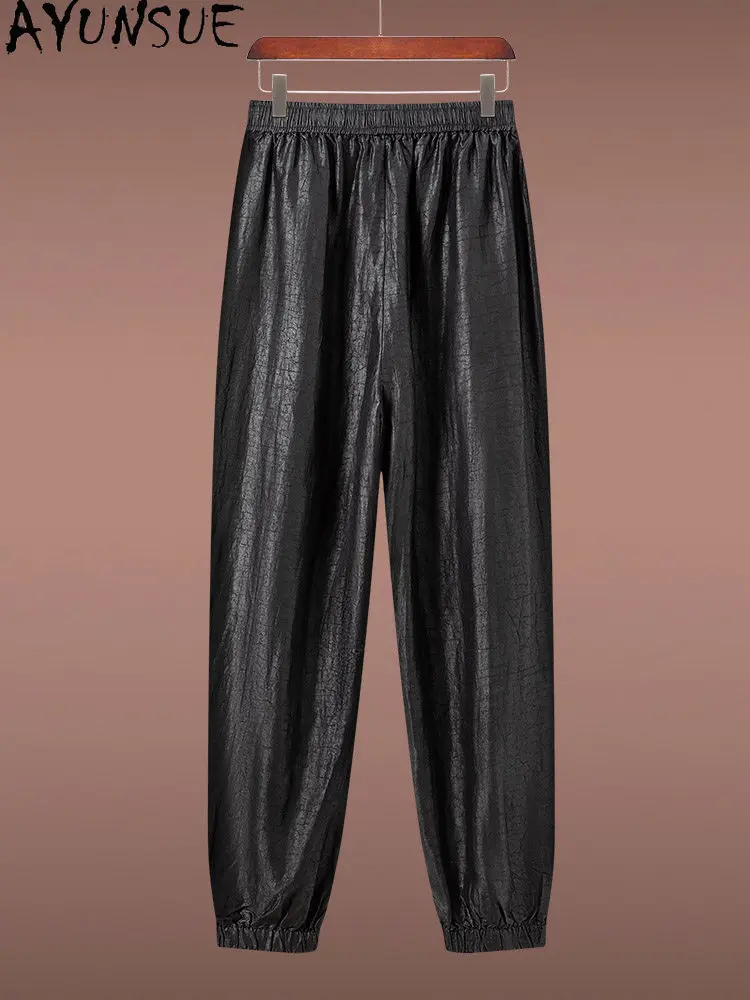 AYUNSUE High Quality100%Real Mulberry Silk Pants Man Luxury Summer Watered Gauze Pants Trousers Elastic Waist Sport Cuffed Pants
