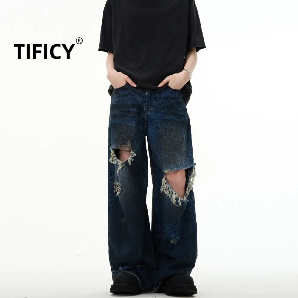 High Street Retro desgastado diseño desgastado hasta el suelo Jeans Mujer High Street pantalones de pierna ancha sueltos y versátiles