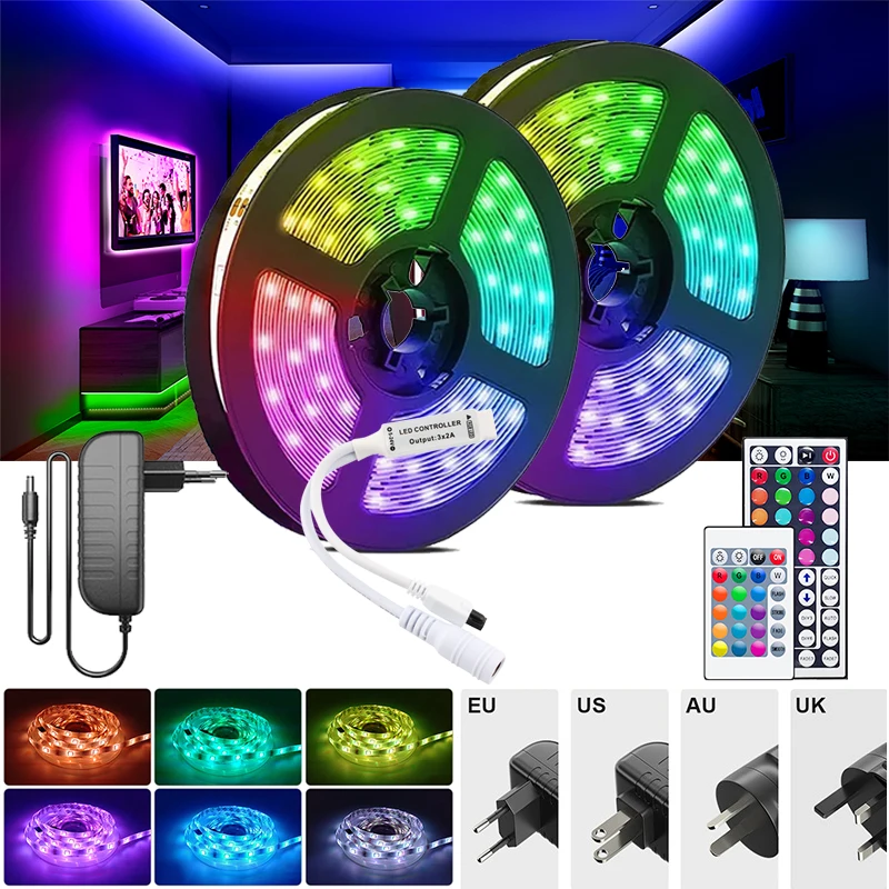 Bande lumineuse LED RVB avec télécommande intelligente, bande à intensité variable, 5050 lumières pour chambre, décoration de Noël, 12V