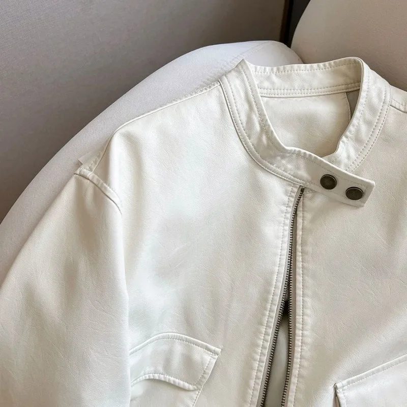 Casual PU Short Leather Jacket Spring Fashion Neckline with Button Zippers Jacket Pockets Spliced Tops White Black Women Coat
