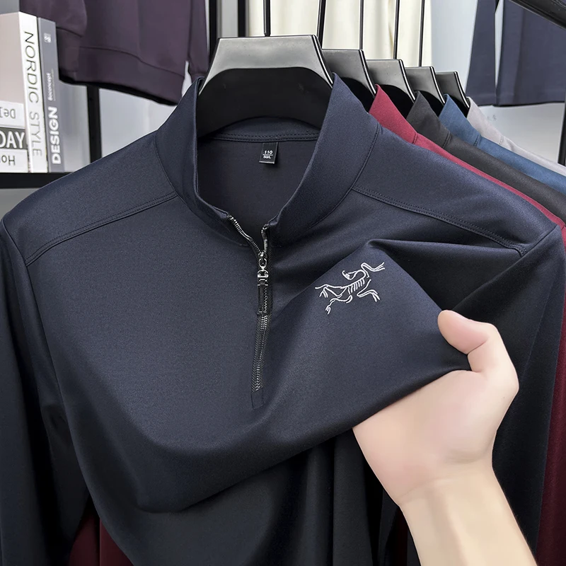 

Высококачественная мужская футболка с полувысоким воротником на молнии, простая однотонная футболка с буквенным принтом и длинным рукавом, осенняя универсальная трендовая мужская одежда