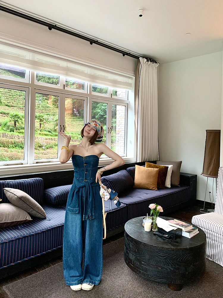 

High Waist Slimming Denim Overalls Korean Sle Hot Girl Tube Top Jumpsuit Summer New Arrival Long Pants Commute Sle