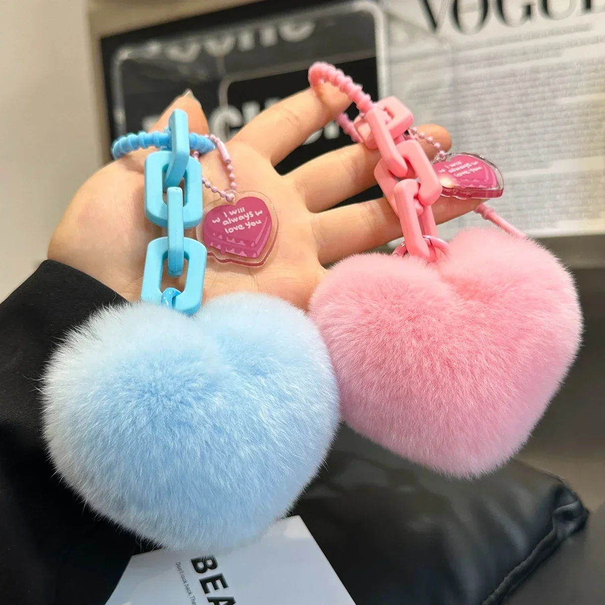 Cute Heart Bag Charm Natural Rex Rabbit Fur Keychain for Women Real Fur Pom Pom Key Ring on Bag Car Key Pendant