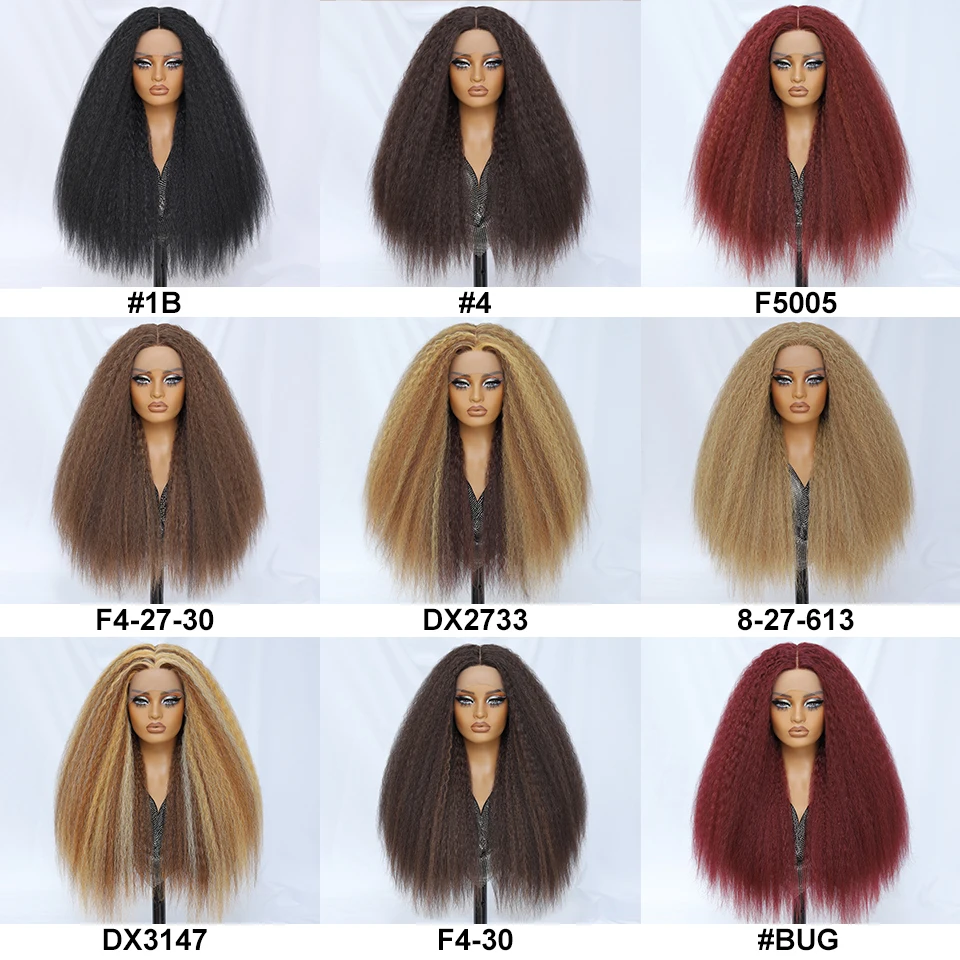 Long Yaki Straight Synthetic Lace Wigs For Afro Women 28 Inch Black Soft Kinky Straight Wigs Hair Replacement Fluffy Afro Wigs